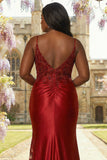 Burgundy Satin Mermaid Appliqued Plus Size Long Prom Dress with Slit