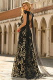 Black Golden Floral A-Line V-Neck Long Prom Dress with Streamer