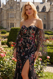 Black Pink Flower Sequins Mermaid Off the Shoulder Long Prom Dress with Slit