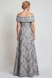 Grey Blue Flower Off the Shoulder A-Line Long Mother of the Bride Dress