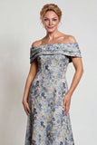 Grey Blue Flower Off the Shoulder A-Line Long Mother of the Bride Dress