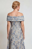 Grey Blue Flower Off the Shoulder A-Line Long Mother of the Bride Dress