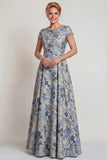 Grey Blue Flower Round Neck A-Line Long Mother of the Bride Dress with Sleeve