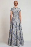 Grey Blue Flower Round Neck A-Line Long Mother of the Bride Dress with Sleeve