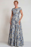Grey Blue Flower Round Neck A-Line Long Mother of the Bride Dress with Sleeve