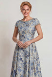 Grey Blue Flower Round Neck A-Line Long Mother of the Bride Dress with Sleeve