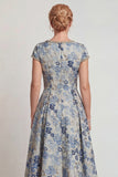 Grey Blue Flower Round Neck A-Line Long Mother of the Bride Dress with Sleeve