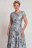 Grey Blue Flower Round Neck A-Line Long Mother of the Bride Dress with Sleeve