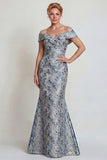 Grey Blue Flower Off the Shoulder Mermaid Long Mother of the Bride Dress
