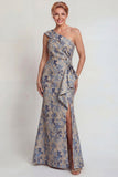 Grey Blue Flower Ruched One Shoulder Mermaid Mother of the Bride Dress with Slit