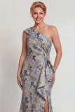 Grey Blue Flower Ruched One Shoulder Mermaid Mother of the Bride Dress with Slit