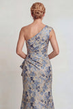 Grey Blue Flower Ruched One Shoulder Mermaid Mother of the Bride Dress with Slit