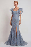 Grey Blue Appliqued Ruffled Sleeve Mermaid Mother of the Bride Dress with Slit