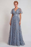 Sparkly Grey Blue Flower Appliqued V Neck A-Line Long Mother of the Bride Dress with Sleeve