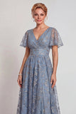 Sparkly Grey Blue Flower Appliqued V Neck A-Line Long Mother of the Bride Dress with Sleeve