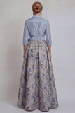 Navy A-Line Jacquard 3/4 Sleeves Long Mother of the Bride Dress with Bowknot