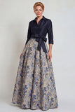 Navy Jacquard 3/4 Sleeves A-Line Long Mother of the Bride Dress with Bowknot
