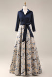 Navy A-Line Jacquard 3/4 Sleeves Long Mother of the Bride Dress with Bowknot