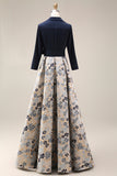 Navy A-Line Jacquard 3/4 Sleeves Long Mother of the Bride Dress with Bowknot