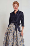 Navy Jacquard 3/4 Sleeves A-Line Long Mother of the Bride Dress with Bowknot