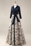 Navy A-Line Jacquard 3/4 Sleeves Long Mother of the Bride Dress with Bowknot