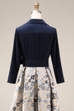 Navy A-Line Jacquard 3/4 Sleeves Long Mother of the Bride Dress with Bowknot
