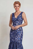 Dark Navy Flower Appliqued V Neck Mermaid Mother of the Bride Dress