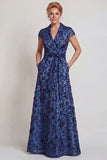 Dark Blue Appliqued V Neck A-Line Long Mother of the Bride Dress