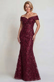 Sparkly Burgundy Off the Shoulder Mermaid Mother of the Bride Dress with Sequins