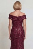 Sparkly Burgundy Off the Shoulder Mermaid Mother of the Bride Dress with Sequins