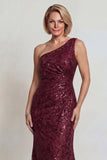 Sparkly Burgundy One Shoulder Mother of the Bride Dress with Sequins
