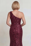 Sparkly Burgundy One Shoulder Mother of the Bride Dress with Sequins
