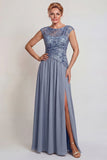 Sparkly Grey Blue Appliqued A-Line Mother of the Bride Dress with Slit
