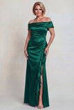 Dark Green Ruffled Off the Shoulder Sheath Satin Mother of the Bride Dress with Slit
