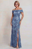 Grey Blue Sequins Off the Shoulder Mother of the Bride Dress with Ruffle Slit