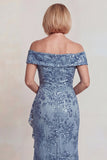 Grey Blue Sequins Off the Shoulder Mother of the Bride Dress with Ruffle Slit