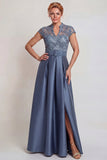 Grey Blue Appliqued A Line Satin Mother of the Bride Dress with Slit
