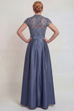 Grey Blue Appliqued A Line Satin Mother of the Bride Dress with Slit