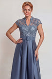 Grey Blue Appliqued A Line Satin Mother of the Bride Dress with Slit