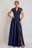 Grey Blue Appliqued A Line Satin Mother of the Bride Dress with Slit