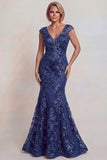 Sparkly Dark Blue Appliqued V Neck Mermaid Mother of the Bride Dress