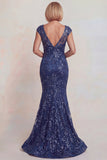 Sparkly Dark Blue Appliqued V Neck Mermaid Mother of the Bride Dress