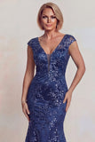 Sparkly Dark Blue Appliqued V Neck Mermaid Mother of the Bride Dress