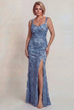 Sparkly Grey Blue Appliqued Spaghetti Straps Sheath Mother of the Bride Dress with Slit