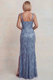 Sparkly Grey Blue Appliqued Spaghetti Straps Sheath Mother of the Bride Dress with Slit