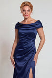 Navy Satin Off the Shoulder Sheath Mother of the Bride Dress with Slit