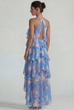 Blue Pink Halter Tiered Chiffon A Line Printed Floral Dress with Ruffles