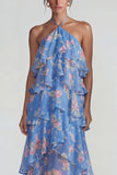 Blue Pink Halter Tiered Chiffon A Line Printed Floral Dress with Ruffles