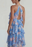 Blue Pink Halter Tiered Chiffon A Line Printed Floral Dress with Ruffles