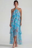 Blue Pink Halter Tiered Chiffon A Line Printed Floral Dress with Ruffles